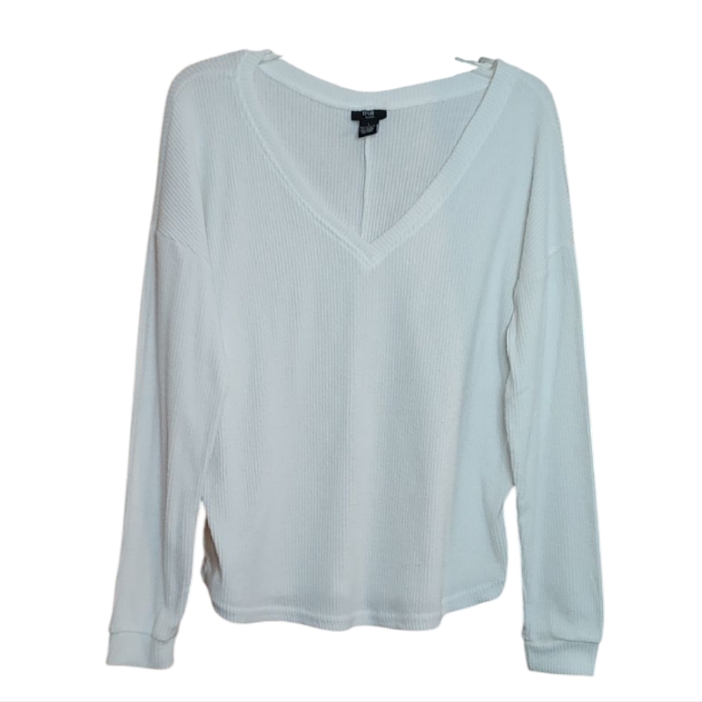 White Ribbed Long Sleeve V Neck Shirt Tail Hem Top Size Large